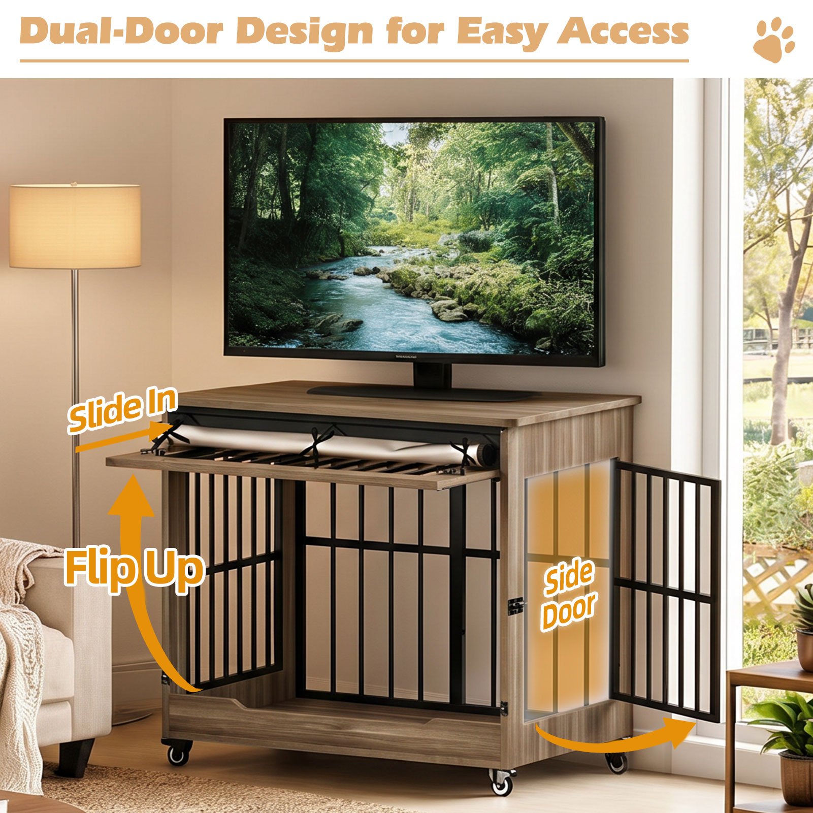 42in  Large Dog Crate Furniture, Double Door Wooden Indoor Dog Kennel Furniture, Decorative Pet Cage End Table With Wheels For Large Breed Dogs, Size XL, Greige photo 2