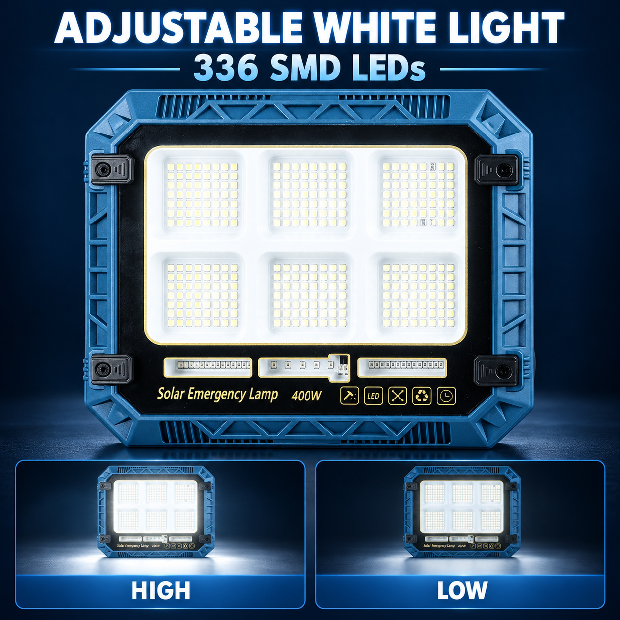 Solar Powered Rechargeable Battery Display 18650 W8113 3 Red Blue Warning LED Flood Light SMD photo 4