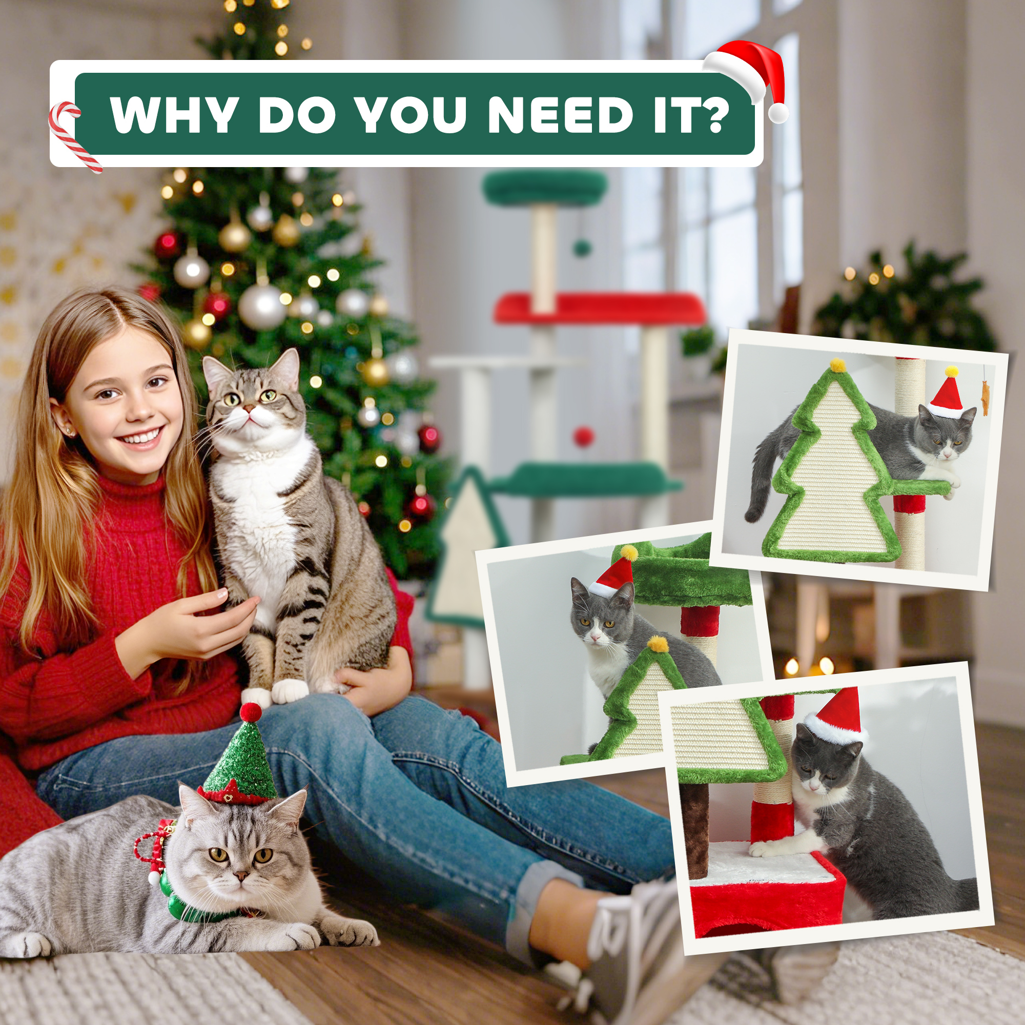 PawHut Christmas Cat Tree, 120cm Cat Tower With Scratching Post & Board, Platform, Toys, Green photo 3