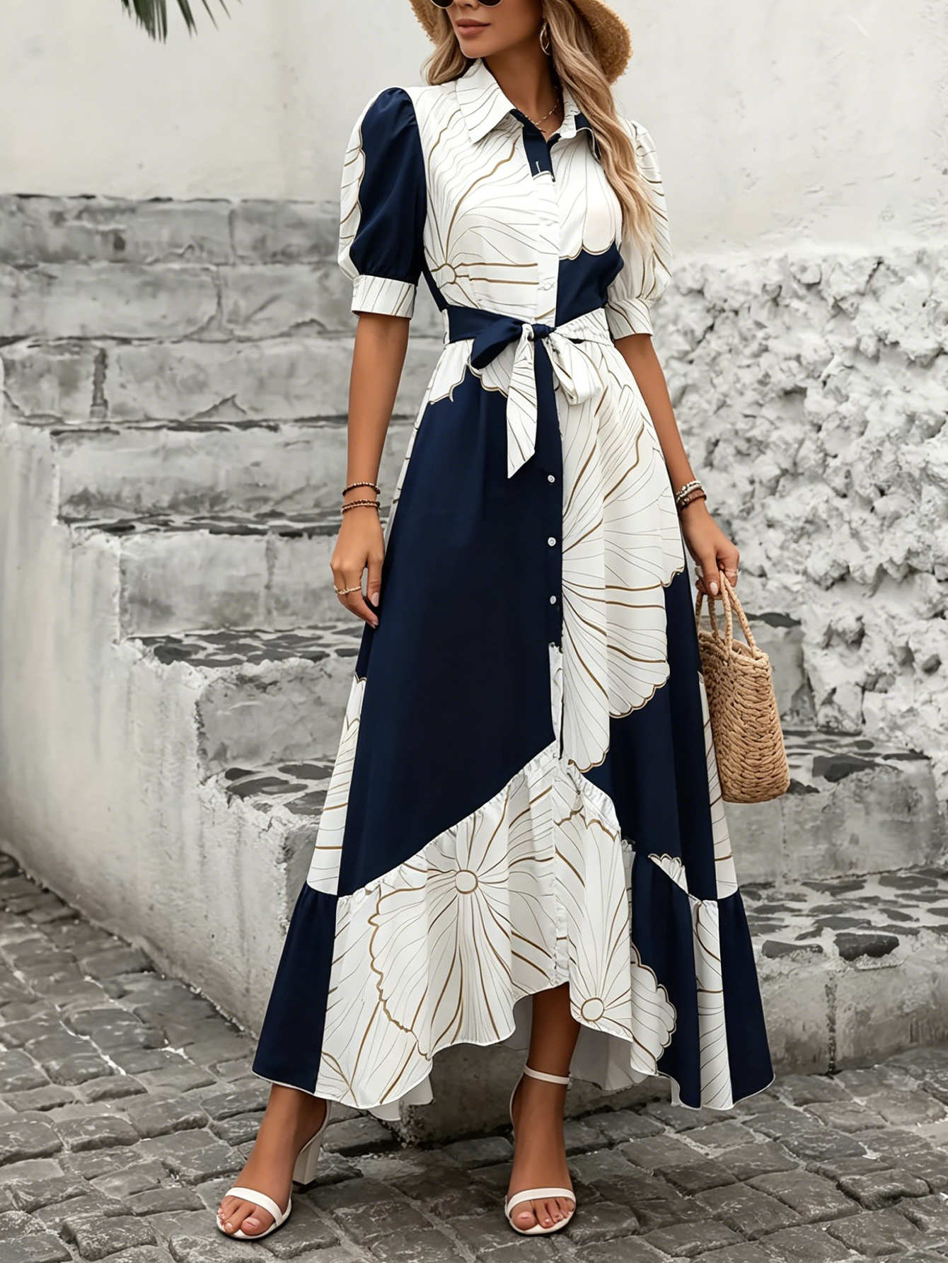 Women's Floral Print Button Down Shirt Dress Puff Short Sleeve Self Tie Waist Asymmetrical Hem Maxi Dress photo 3