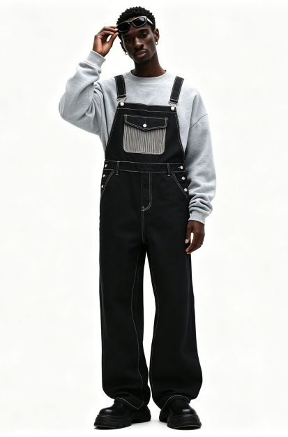 Black Denim Overalls Men Asymmetric One Shoulder Baggy Wide Leg Streetwear Jumpsuit US Ready Stock photo 3