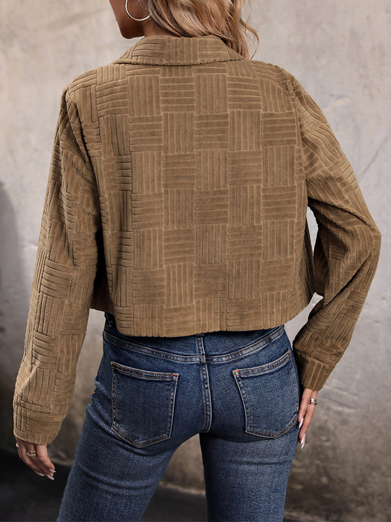 Women's Brown Textured Corduroy Cropped Jacket - Button Down Collared Casual Trucker Coat With Pockets photo 6