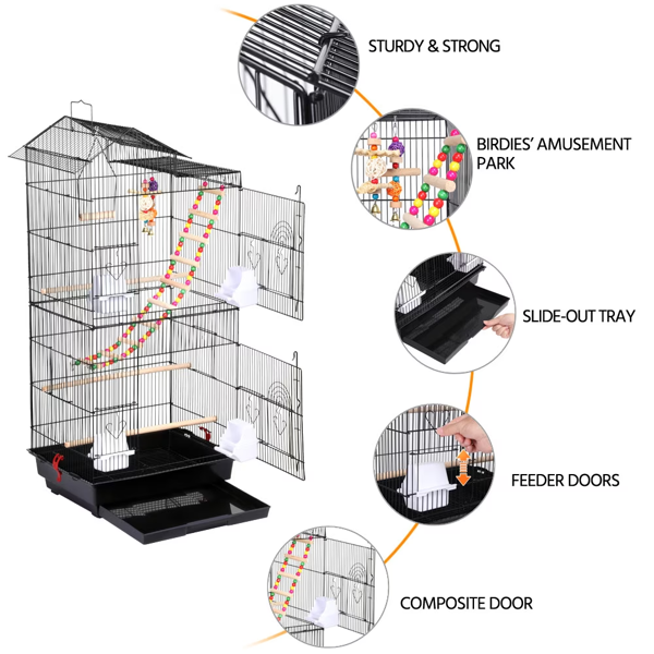 39inch H Metal Bird Cage Large Roof Top Huge House For Small Birds, Black photo 5