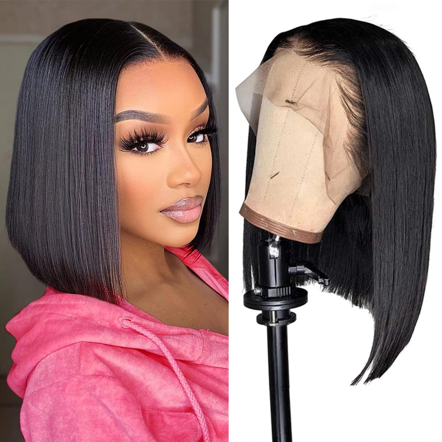 13x4x4 Straight Bob Human Hair Lace Front Wig, Natural Color,Density, 16 Inches photo 1