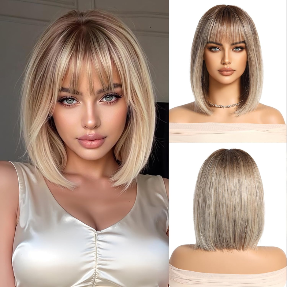 Blonde Wig With Bangs Short Bob Straight Wig For Women Synthetic Hair Wigs For Daily Party Cosplay Wear photo 1