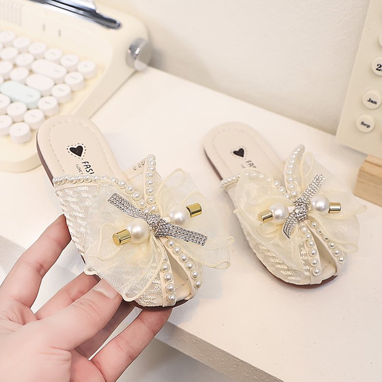Girls' Children's Slippers Summer Style Fish Mouth Outdoor Half Drag Sandals Fashionable Middle-aged Children's Bow One Line Cool Drag photo 1