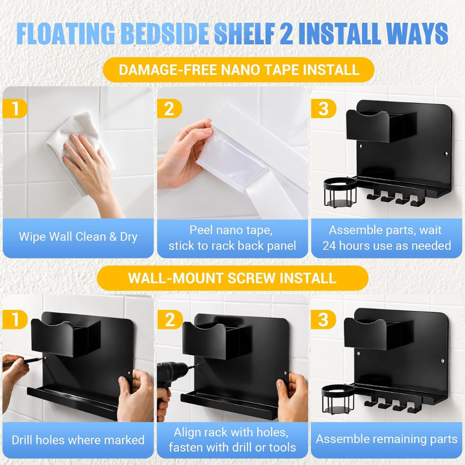 Metal Bedside Wall Shelf, No Drill Floating Bedside Shelf Wall Organizer photo 5