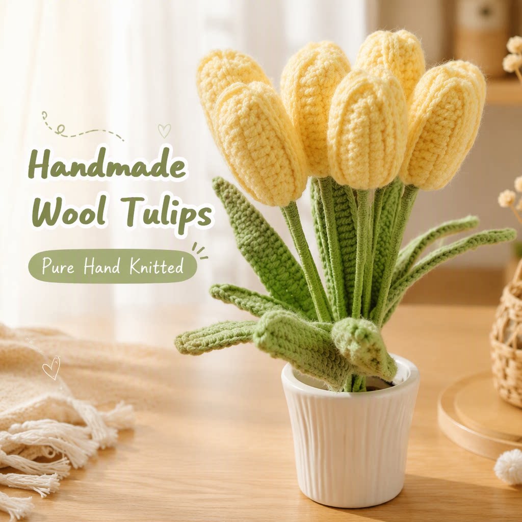 Hand Crocheted Finished Tulip Bouquet Knitted Yarn Handheld Bouquet Artificial Flower For Home Decor Holiday Gift photo 1