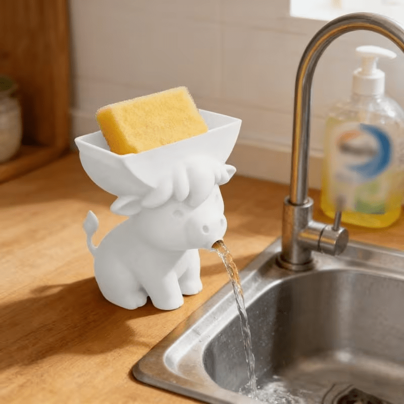 Cute Cow Sponge Holder, Kitchen Sink Organizer With Drain Spout, Animal Shaped Sponge Storage Rack For Countertop photo 8