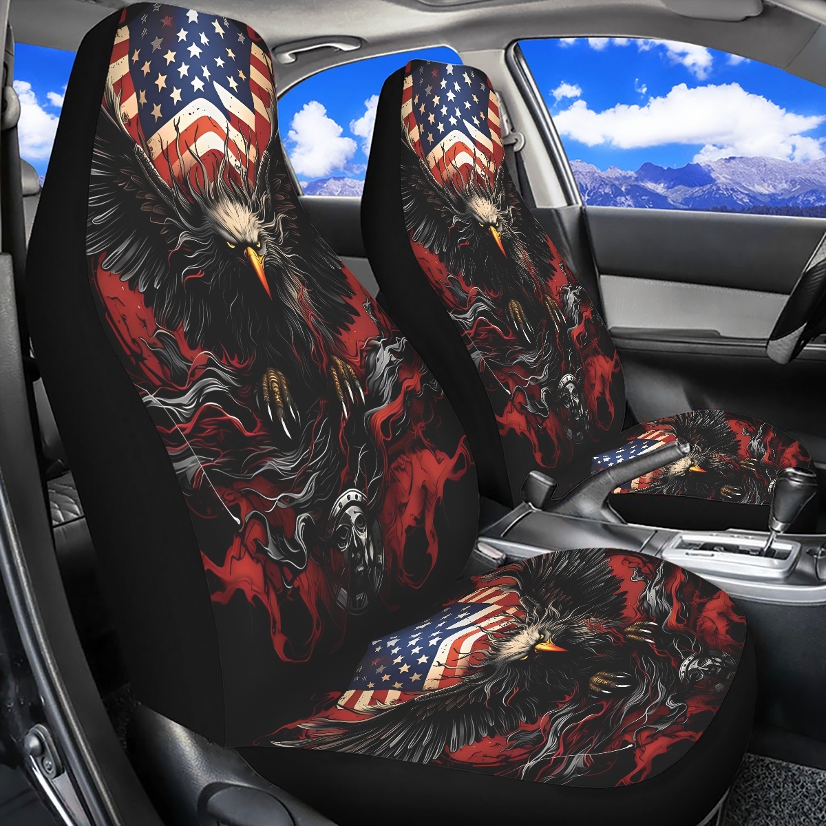2 Front Car Seat Covers, Digitally Printed With An Eagle Pattern, Thin, Suitable For All Seasons, Fashionable Car Seat Covers photo 1