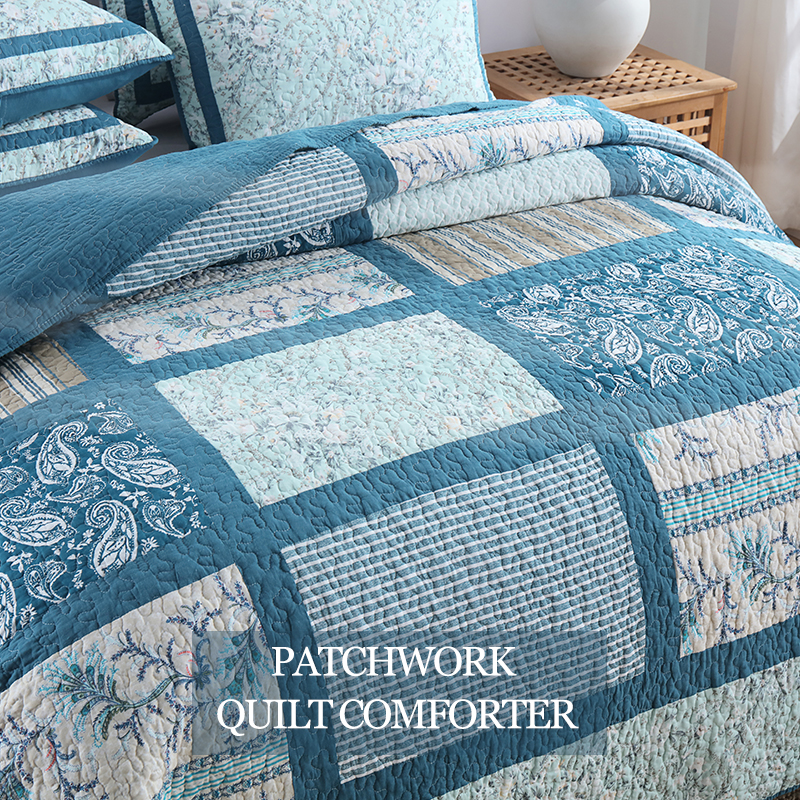 90x98 & 98x106 3 Piece Teal Blue Patchwork Quilt Comforter Set Paisley Floral Stripe Print Handmade Patchwork Quilted Bedspread Cotton Filled Reversible Coverlet Non-Slip Anti-Wrinkle Easy Care photo 3