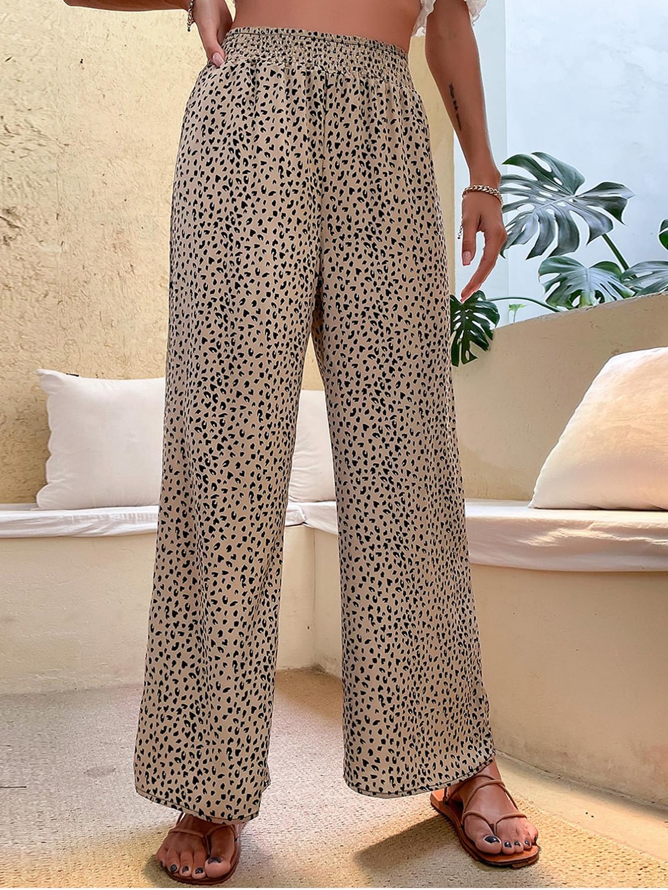 Women Elastic High Waist Wide Leg Pants, Ditsy Leopard Print Loose Casual Vacation Lounge Trousers photo 7