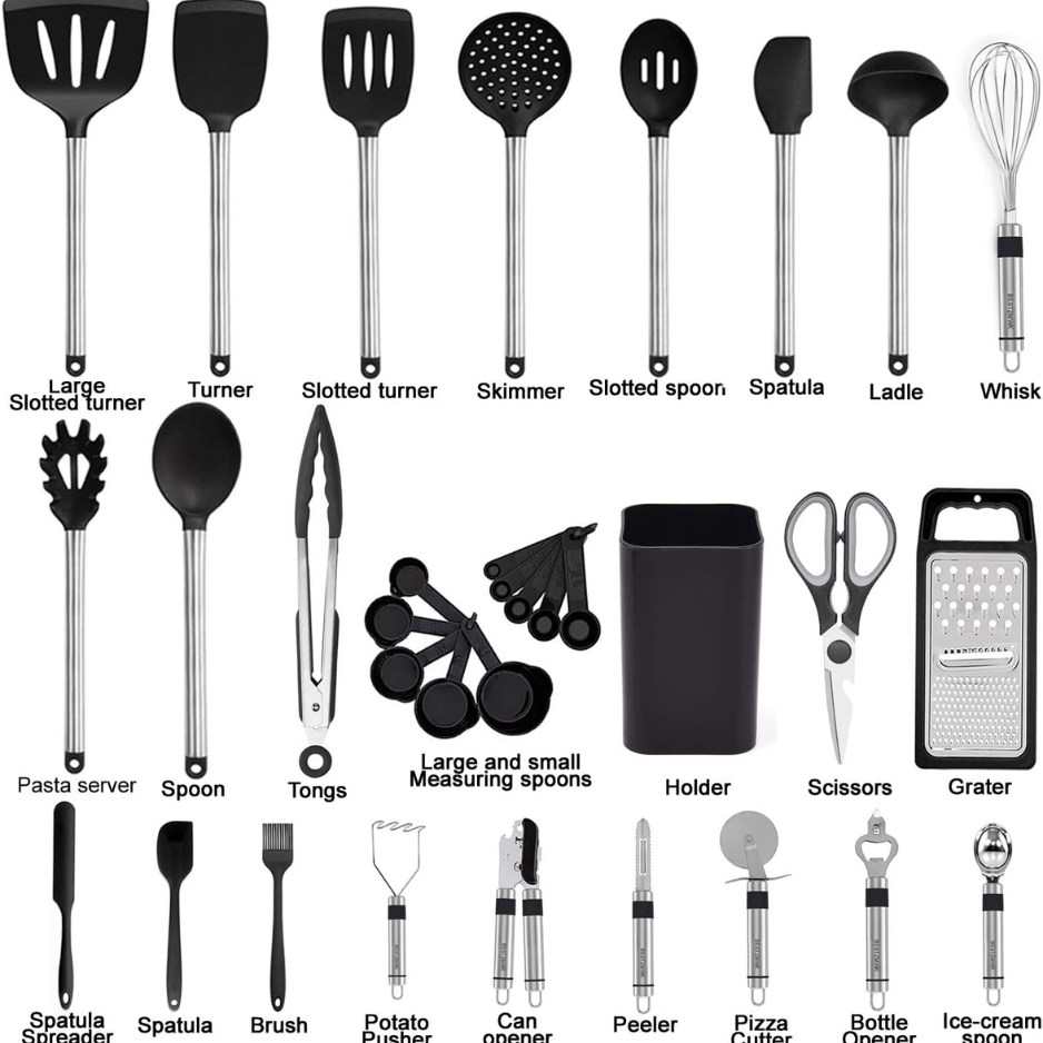 Kitchen Utensil Set Silicone Cooking Utensils 33 Kitchen Gadgets  Spoons For Nonstick Cookware Silicone And Stainless Steel Spatula Set-Best Kitchen Tools, Useful Pots And Pans Accessories photo 5