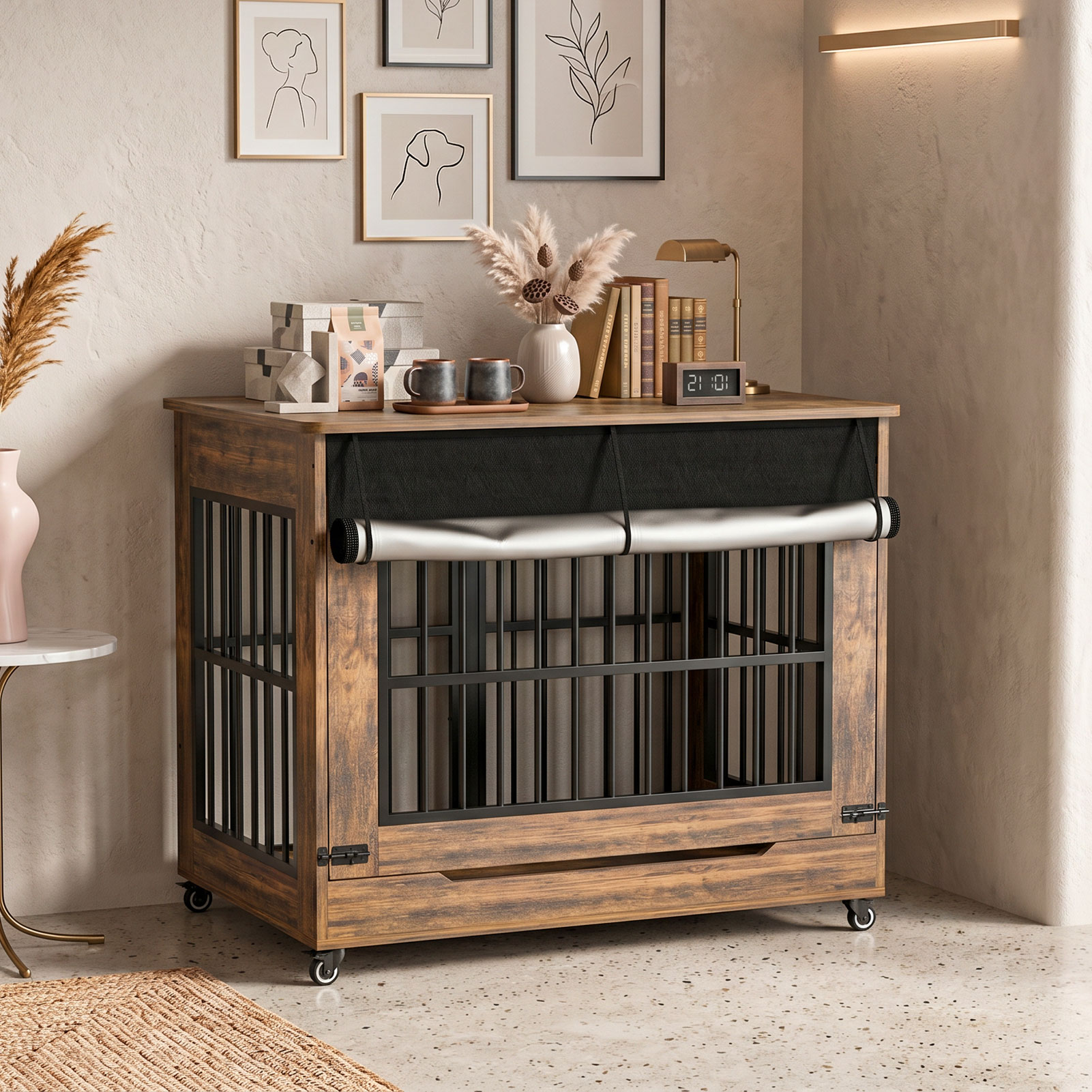 42in  Large Dog Crate Furniture, Double Door Wooden Indoor Dog Kennel Furniture, Decorative Pet Cage End Table With Wheels For Large Breed Dogs, Size XL, Greige photo 6