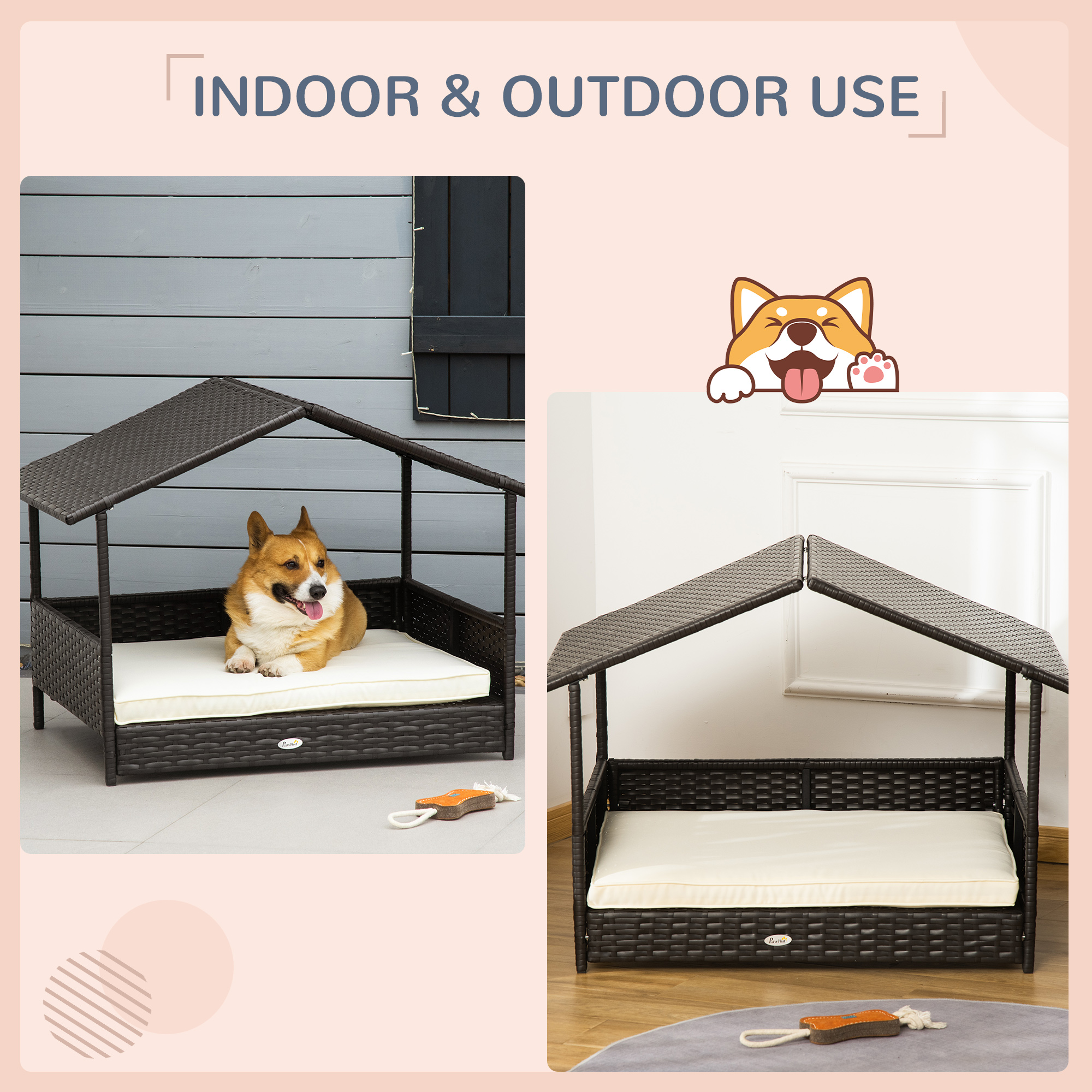 Wicker Dog House, Rattan Pet Bed, With Removable Cushion, Canopy, For Small And Medium Dogs - Cream photo 8