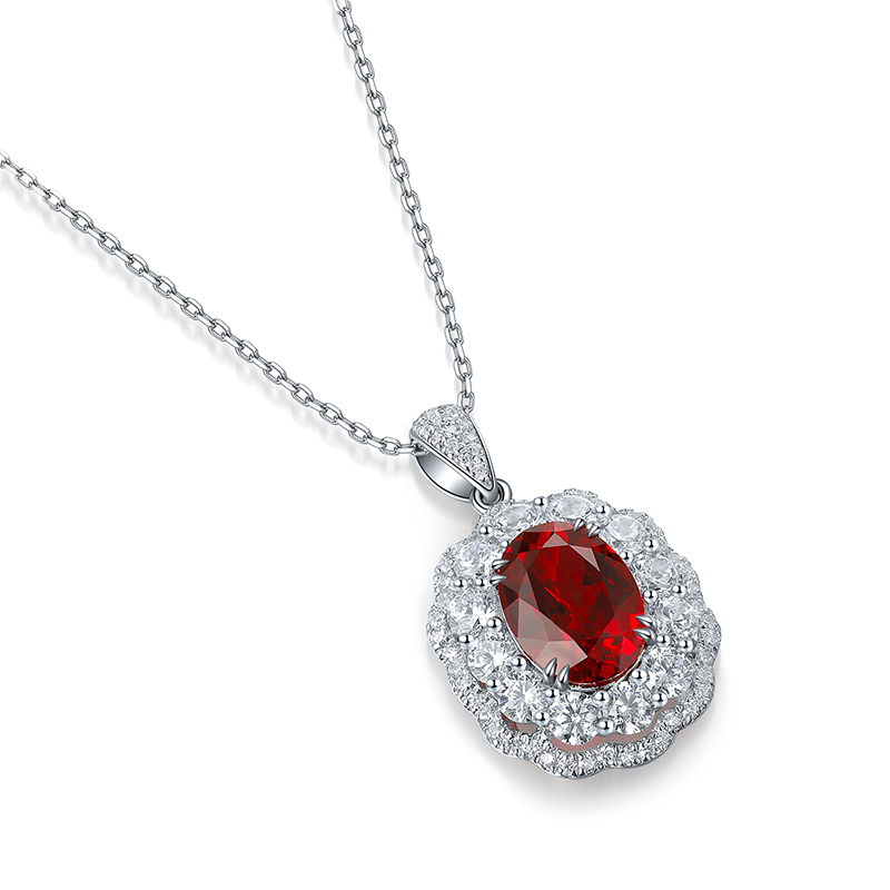 S925 Silver 5.2g Lab-Created Ruby Necklace, 10x7mm Halo Pendant, 40&5cm, GRA Certified photo 5