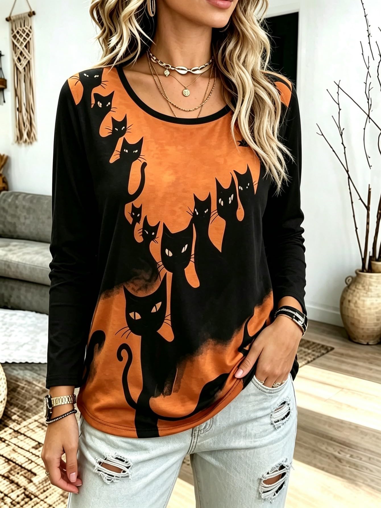 Women Halloween Black Cat Print Long Sleeve T Shirt Scoop Neck Casual Fall Tee Top For Daily Party Wear photo 4
