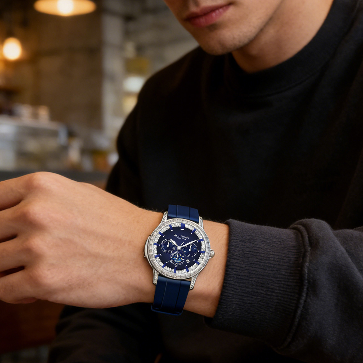 VAN GOGH High Appearance Light Luxury Men's Luminous Blue Mechanical Watch Bohui Series photo 3