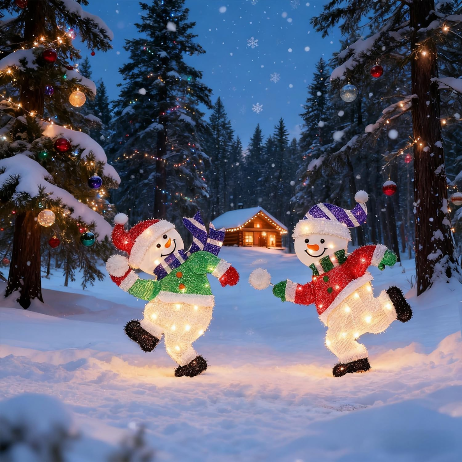Set Of 2 Lighted Snowmen Christmas Decorations, Pre Lit 2D Tinsel Cute Snowman Snowball Fight With Lights, Light Up Plug In For Indoor Outdoor Xmas Winter Holiday Yard Lawn Garden Decor photo 4