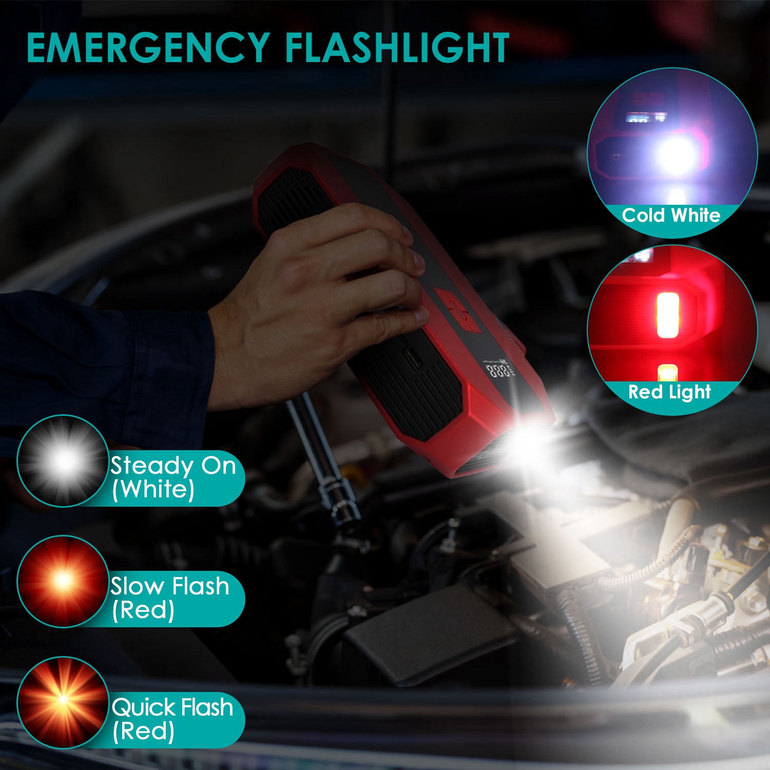1Pc Portable Car Jump Starter Air Compressor 1500A 400PSI Car Battery Charger Jump Starter Power Bank LED Flashlight Digital Tire Inflator For 4.0L Gasoline Or 2.0L Diesel Engine photo 6