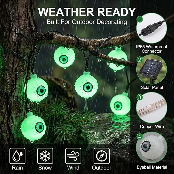 5M Solar Halloween Eyeball String Lights 20 LED Green Waterproof Outdoor Yard Garden Party Decor photo 2