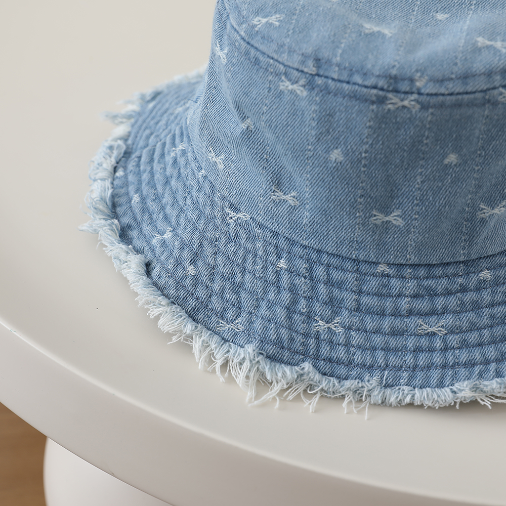 Full-printed Bow-shaped Heart Children's Denim Fisherman Hat, Washed And Distressed Fringed Bucket Hat For Outdoor Travel photo 7