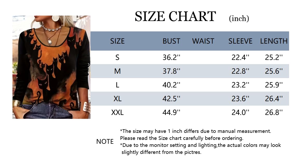 Women Halloween Black Cat Print Long Sleeve T Shirt Scoop Neck Casual Fall Tee Top For Daily Party Wear photo 3