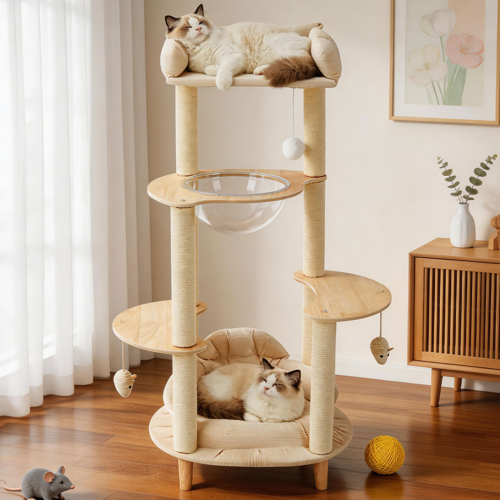 Modern Heavy-Duty No-Drill 4-Tier Solid Wood Cat Tree- 45.7in Multi-Cat Tower With Cozy Bed, Capsule & Extra Wide Perch photo 3