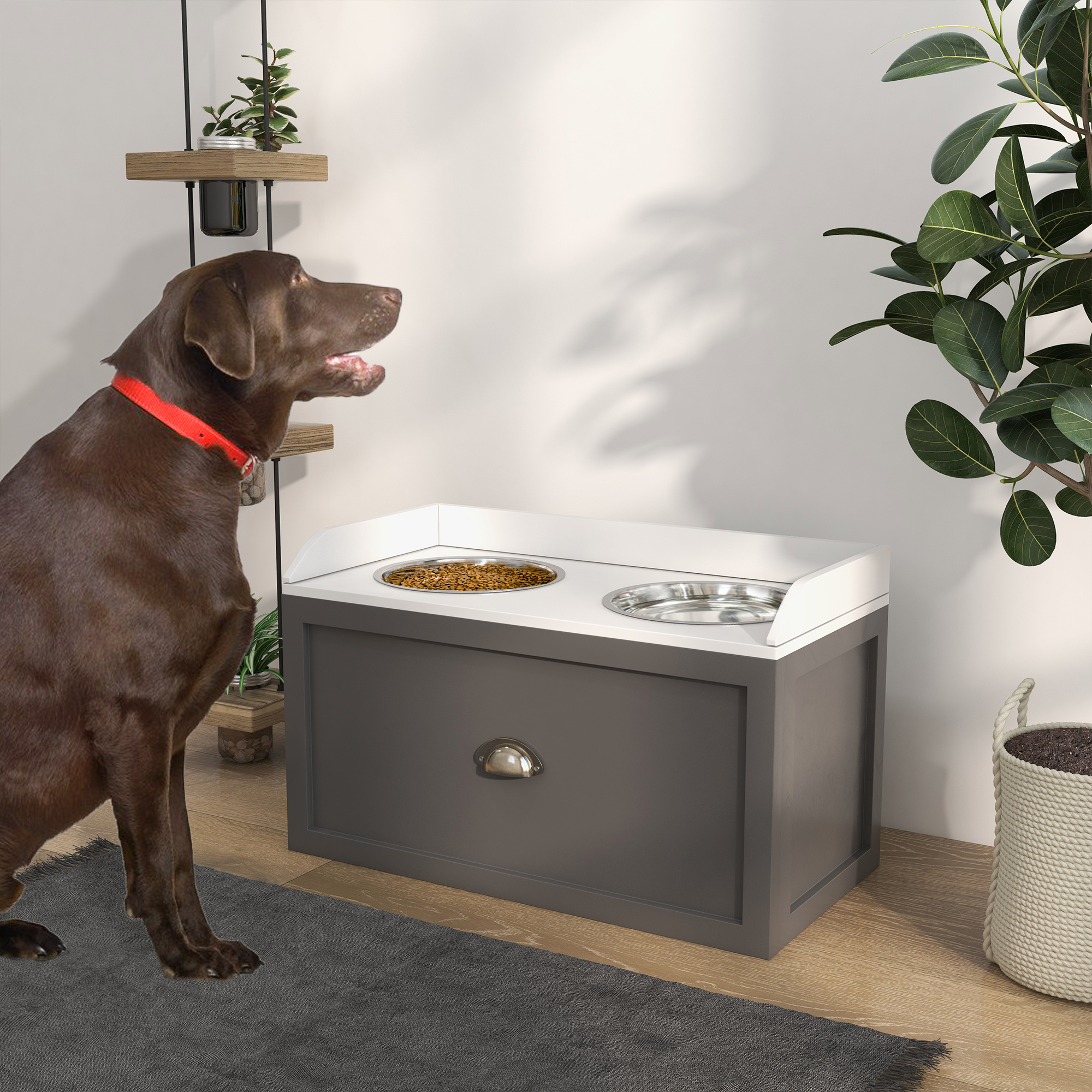 Stainless Steel Raised Dog Bowls, With 21L Storage Drawer For Large Dogs - Grey photo 1