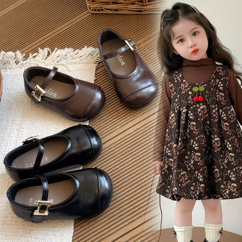 2026 Spring New Girls Leather Shoes, Black Korean Style Soft Sole Baby Flats, Retro Princess Casual Shoes For Little Girls photo 1