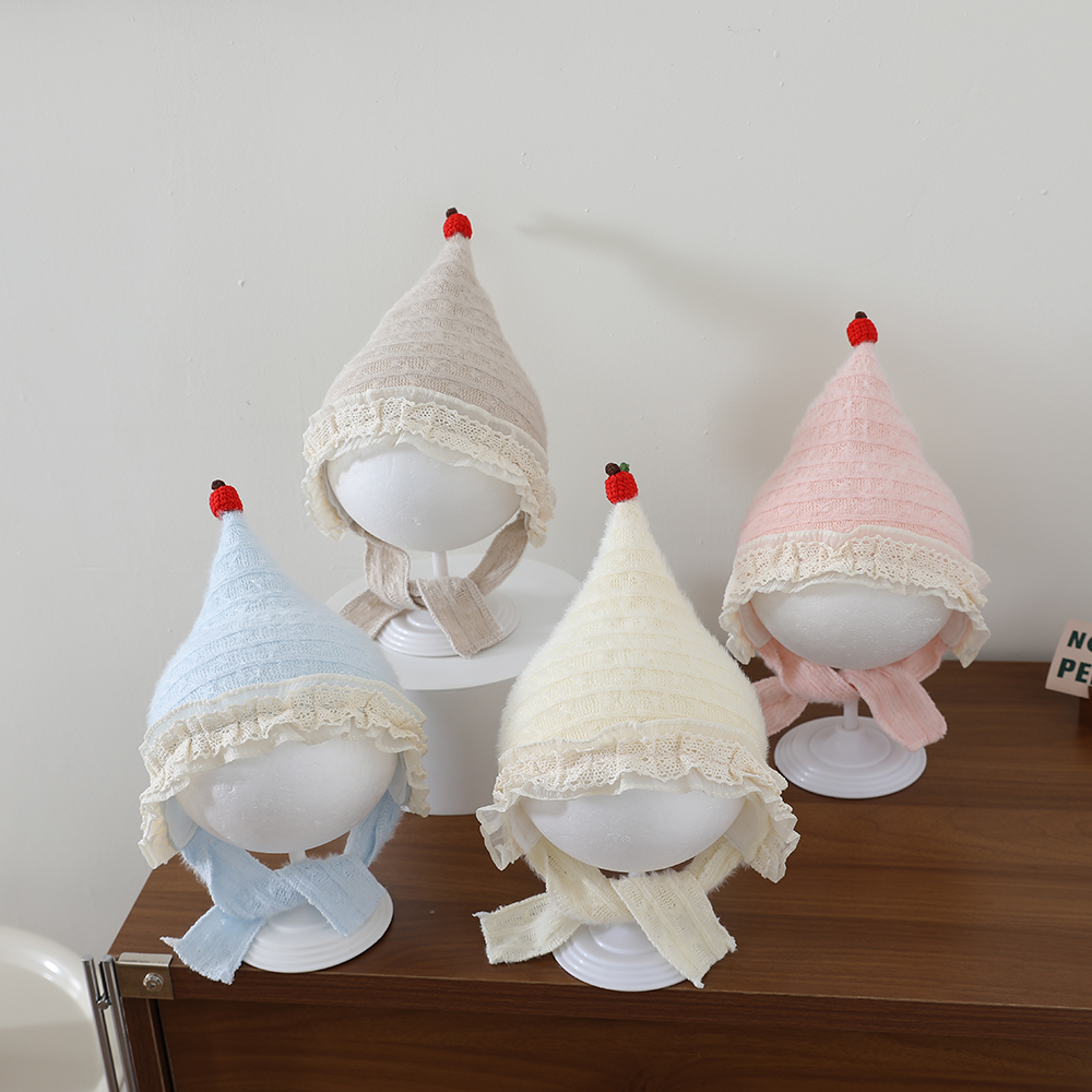 Sweet Style Baby Plush Pointed Hat With Baby Lace Trim And Drawstring Ear Protectors, Outdoor Warm Knitted Hat photo 1