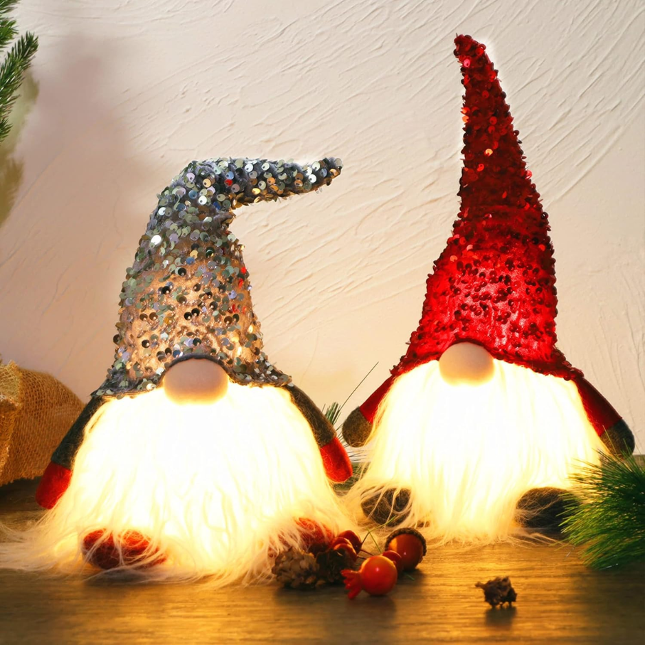 12 In Lighted Christmas Gnome, Handmade Sequins Hat Scandinavian Swedish Tomte, Light Up Elf Holiday Present, Battery Operated Winter Tabletop Christmas Decorations, 2 Set photo 1