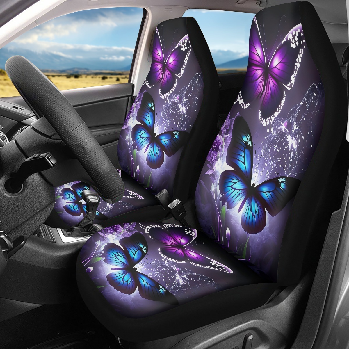 2 Front Car Seat Covers, Digitally Printed With Butterfly Patterns, Thin, Suitable For All Seasons, Fashionable Car Seat Covers photo 5