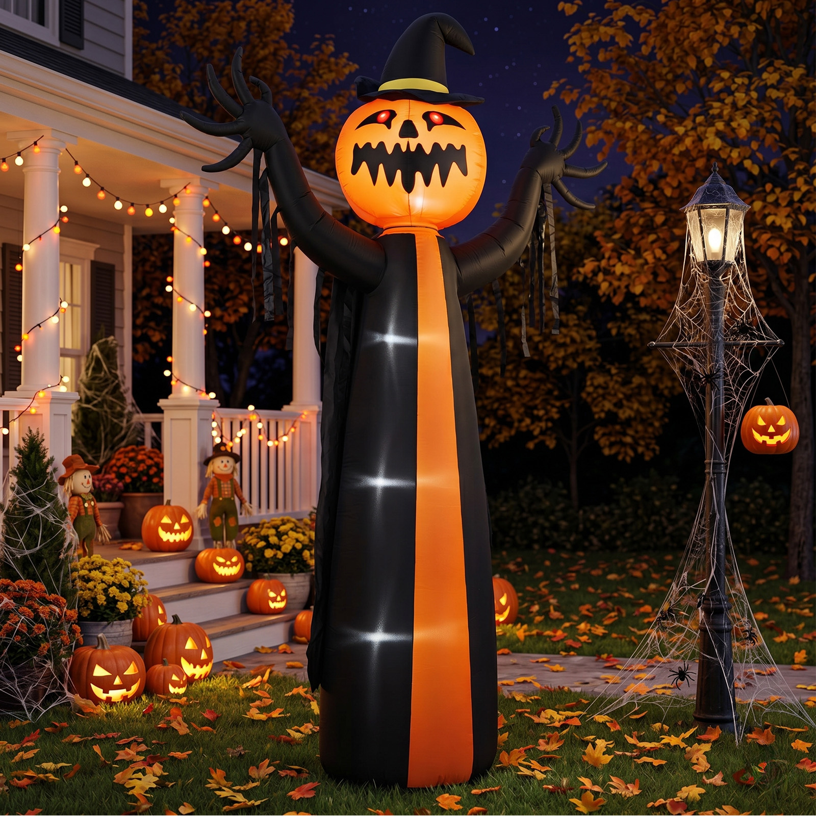 10ft Inflatable Halloween Decor With Rotatable Head Pumpkin Ghost In Cape,6 Built-in LED Lights,Black & Orange,12V 2000mA US Power Adapter photo 1