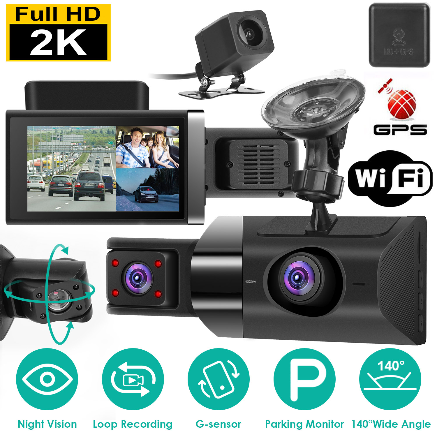 2K Car DVR 3 Channel Dash Cam Camcorder Camera Recorder With 140 Degree Angle GPS WiFi Night Vision G-sensor Loop Recording Parking Monitor photo 1