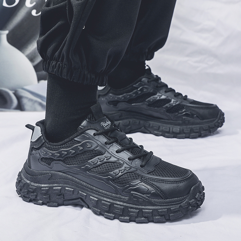 Men Black Safety Work Sneakers, Breathable Anti-slip Tire Sole Height Boost Trendy Dad Shoes photo 6
