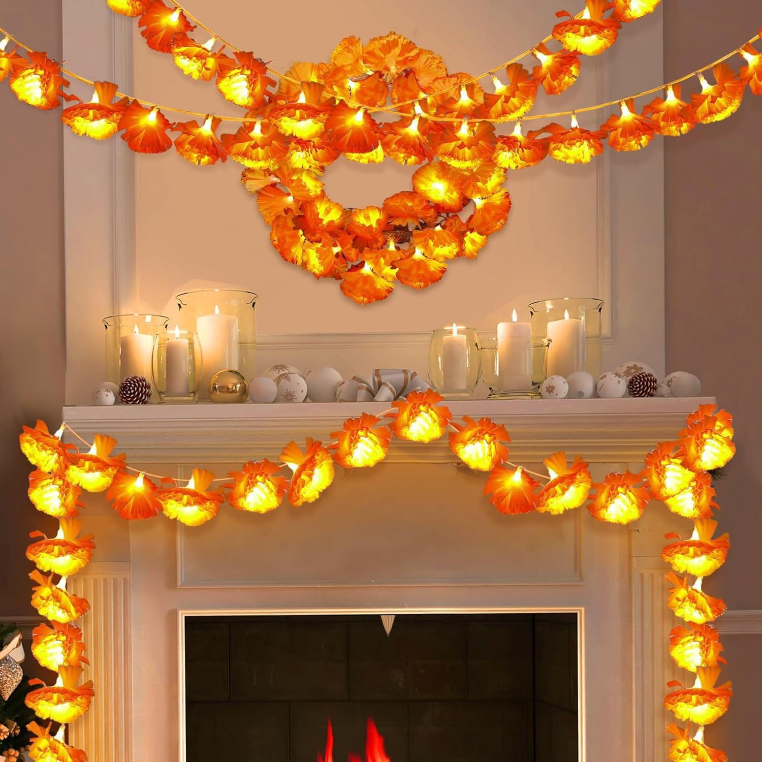 20 LED Artificial Marigold Flower String Lights 9.8FT USB Powered Garland For Festival And Party Decor photo 3