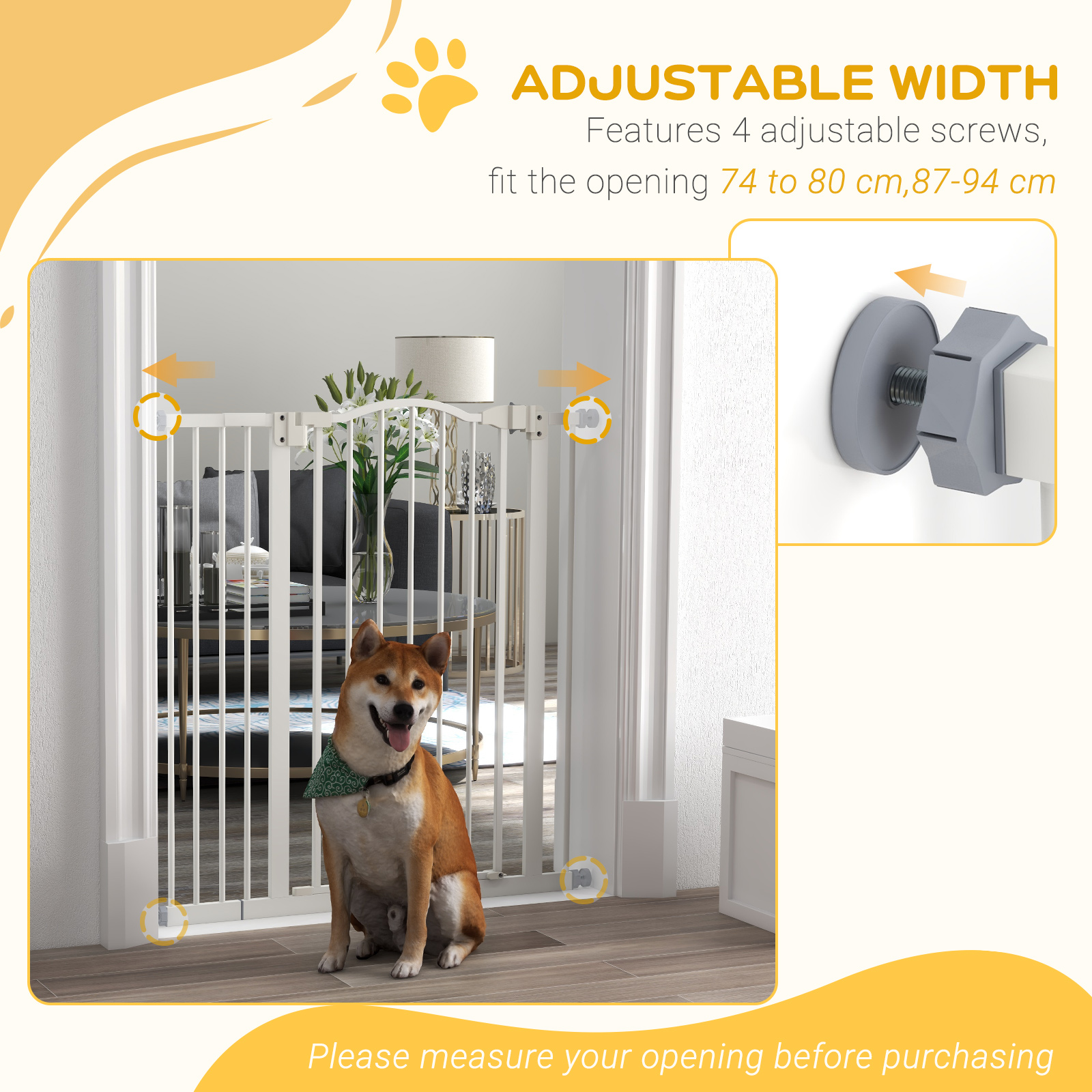 PawHut Pressure Fit Dog Stair Gate No Drilling Safety Gate Auto Close For Doorways, Hallways, 74-94cm Adjustable, 94cm Tall photo 5