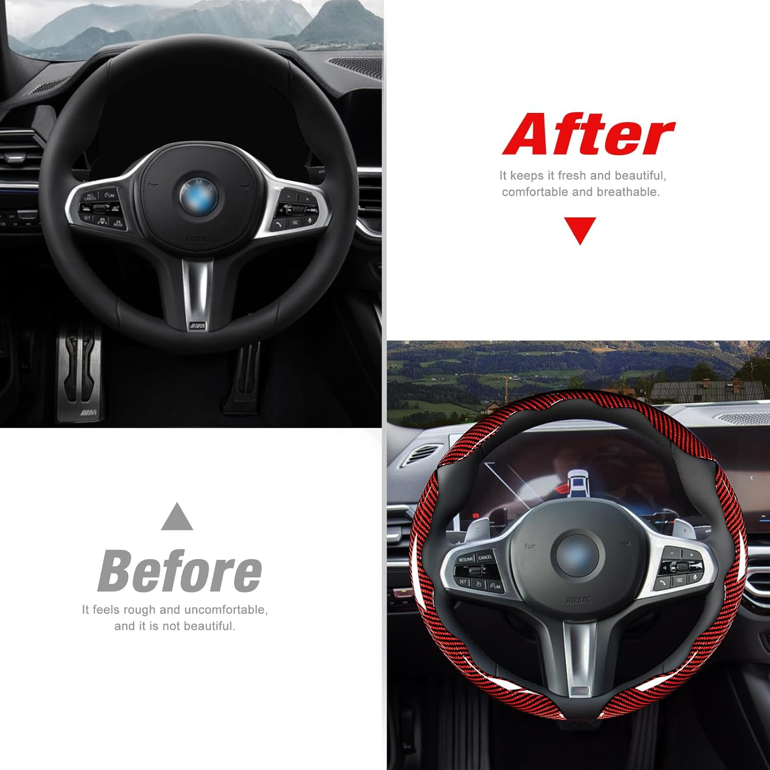 Carbon Fiber Steering Wheel Cover - Three-piece Snap-on Steering Wheel Cover -red photo 4