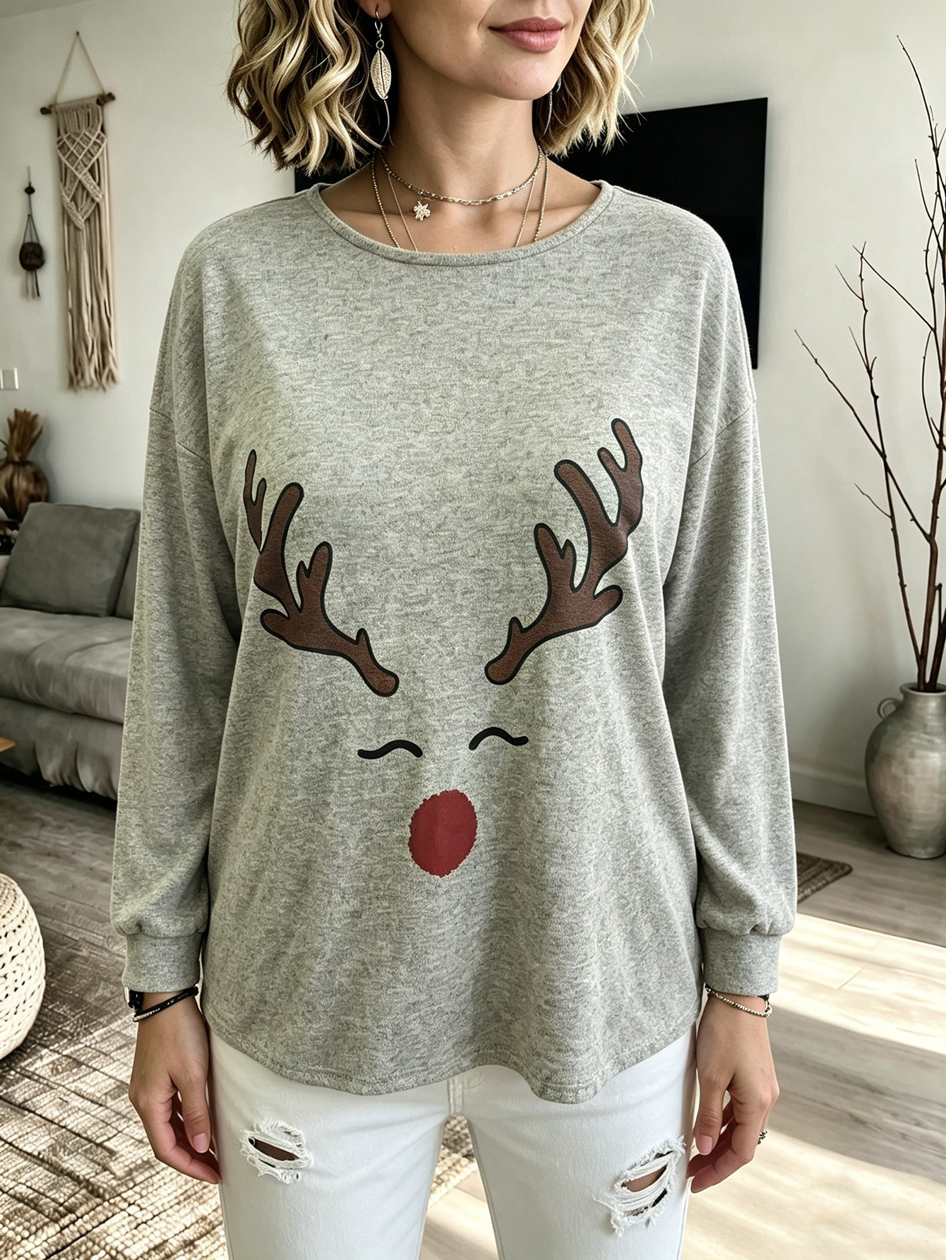 Women's Christmas Reindeer Print Sweatshirt Long Sleeve Crew Neck Casual Holiday Pullover Top photo 4