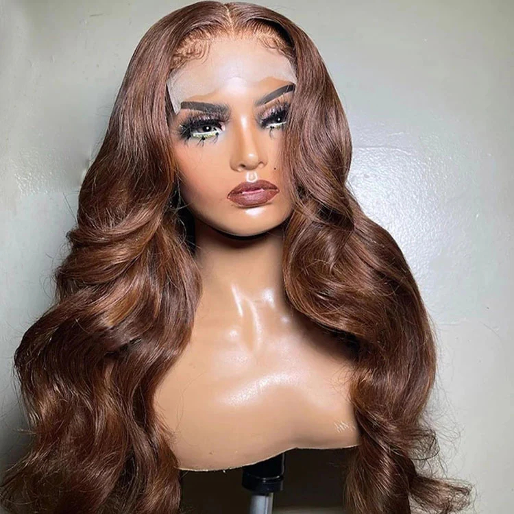 4x4 Lace Human Hair Wig Chocolate Brown Body Wave, Density photo 2