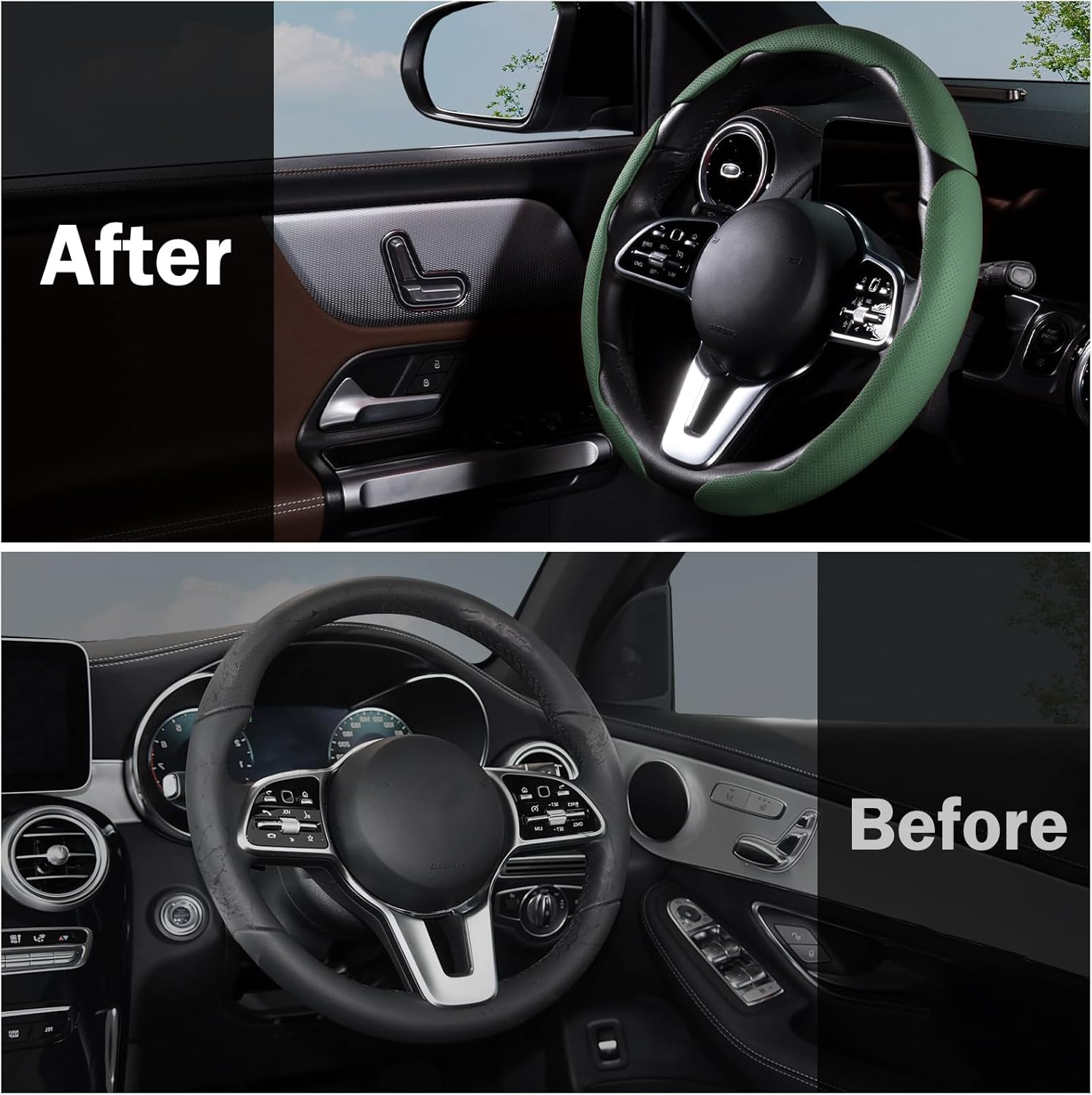 Car Steering Wheel Cover - Leather Snap-on Three-piece Set - Anti-slip Protection Cover - Steering Wheel Control Accessory - Universal Model - Dark Green photo 3