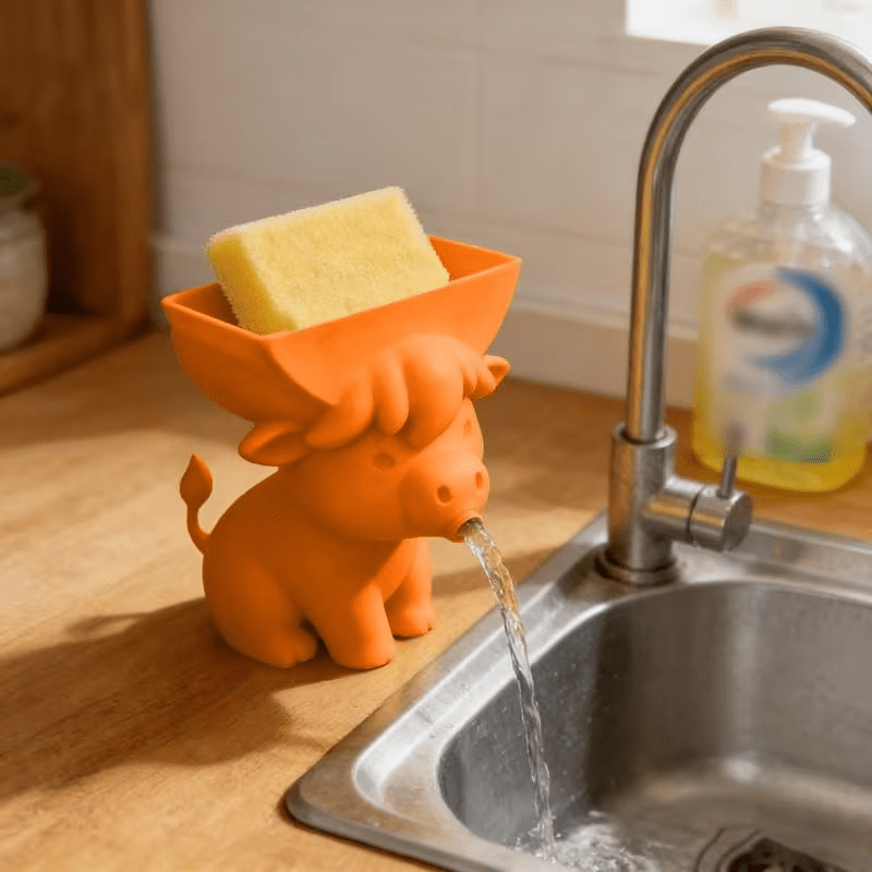 Cute Cow Sponge Holder, Kitchen Sink Organizer With Drain Spout, Animal Shaped Sponge Storage Rack For Countertop photo 1