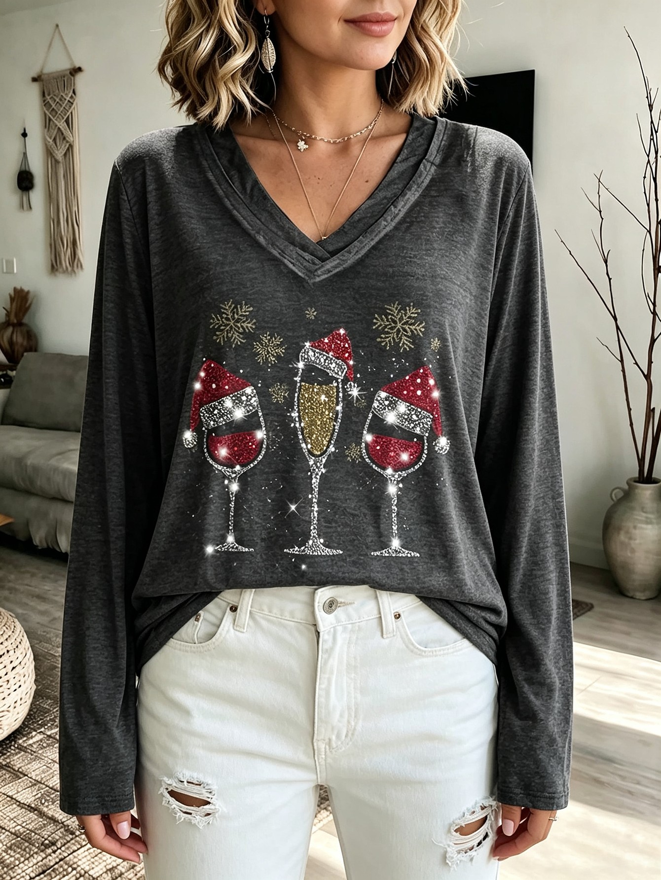 Plus Size Women Christmas Wine Glass Print Tunic Top V Neck Layered Long Sleeve T-Shirt photo 3