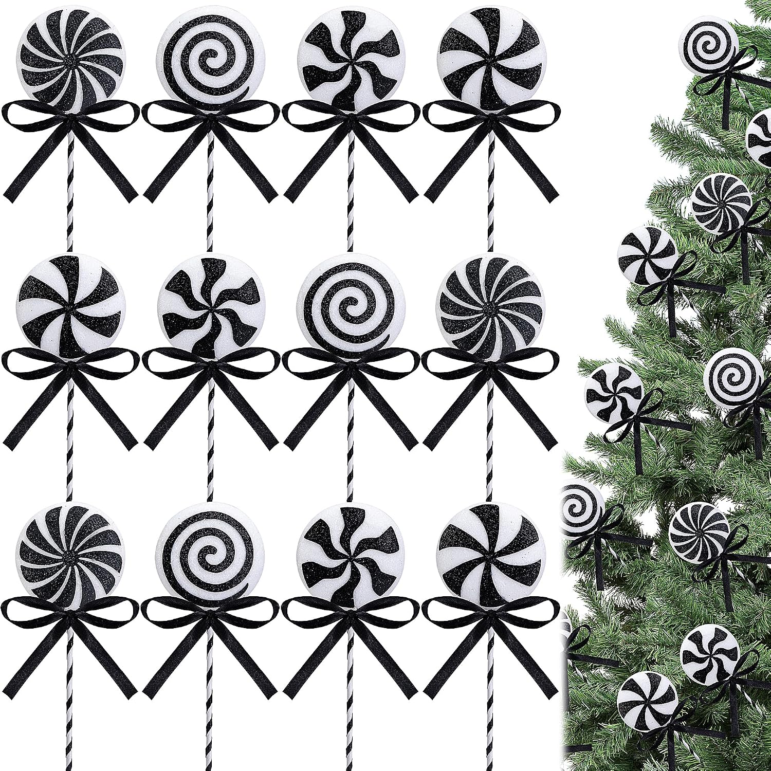 Christmas Swirl Lollipop Tree Picks 12 Units, 8.5 Inch Black White Picks For Vase, Wreath, Stairs, Garland And Tree Decor photo 1