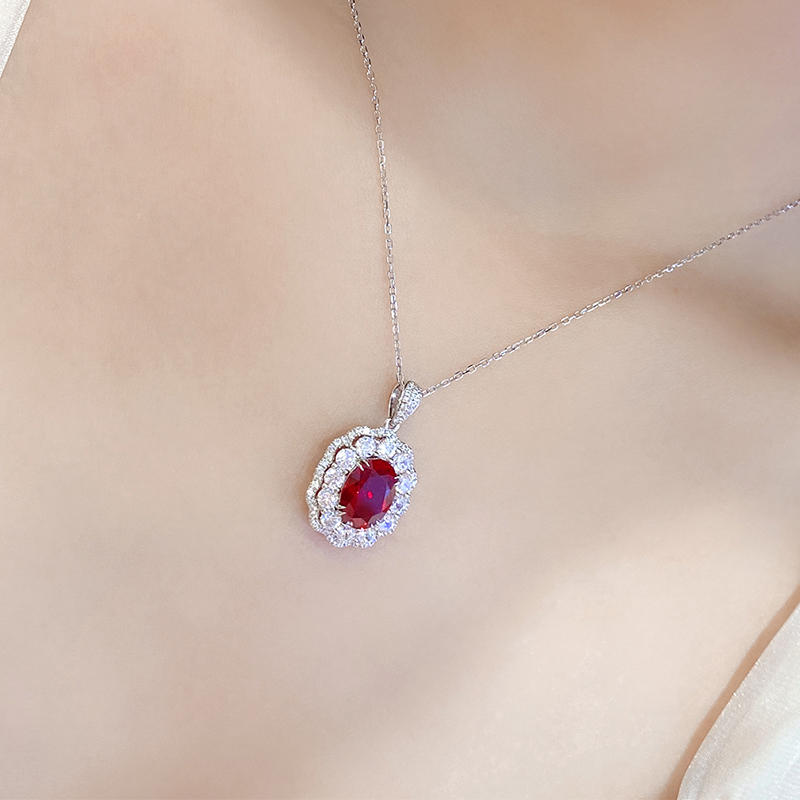 S925 Silver 5.2g Lab-Created Ruby Necklace, 10x7mm Halo Pendant, 40&5cm, GRA Certified photo 3
