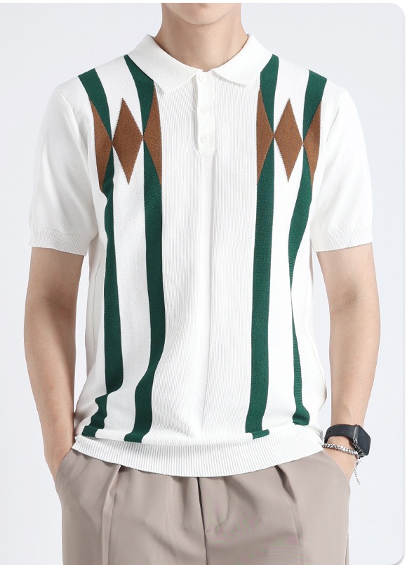 Cross-Border Old Money Style Men's Diamond-Patterned Ice Silk Knit Polo Shirt, Men's Color-Blocking Casual Polo T-Shirt Wholesale photo 2