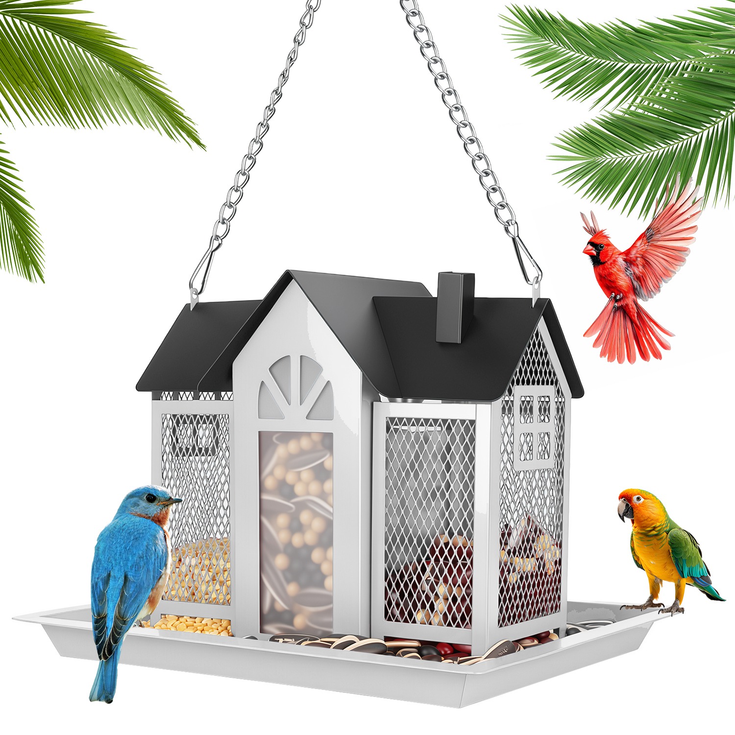 1Pc  Metal Hanging Bird Feeder House Classic Barn Bird Feeder House Iron Hanging Outdoor Feeder With Visible Window And Lift Top Lid 15.75in Hanging Length Wild Birds Garden Yard photo 2