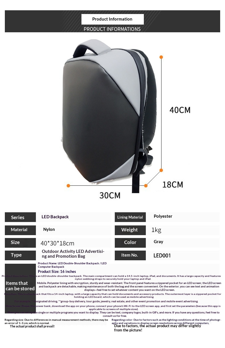Regular LED Backpack Cycling Double Shoulder Bag DIY Text Animation Polyester Material Hot Sale - Black Bluetooth photo 3
