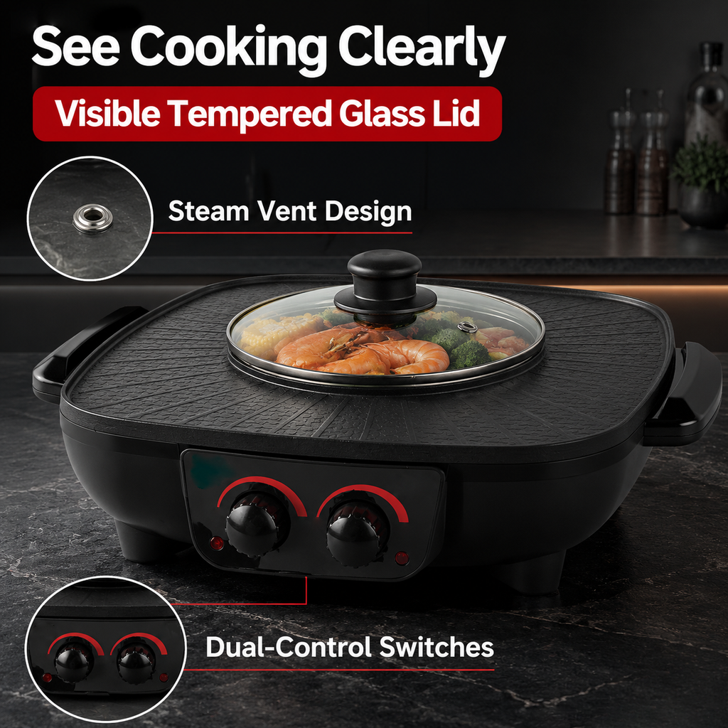 2 In 1 Electric Hot Pot BBQ Grill, Non-Stick Smokeless Frying Pan With Adjustable Temp For Home Kitchen Party UK NEW photo 5